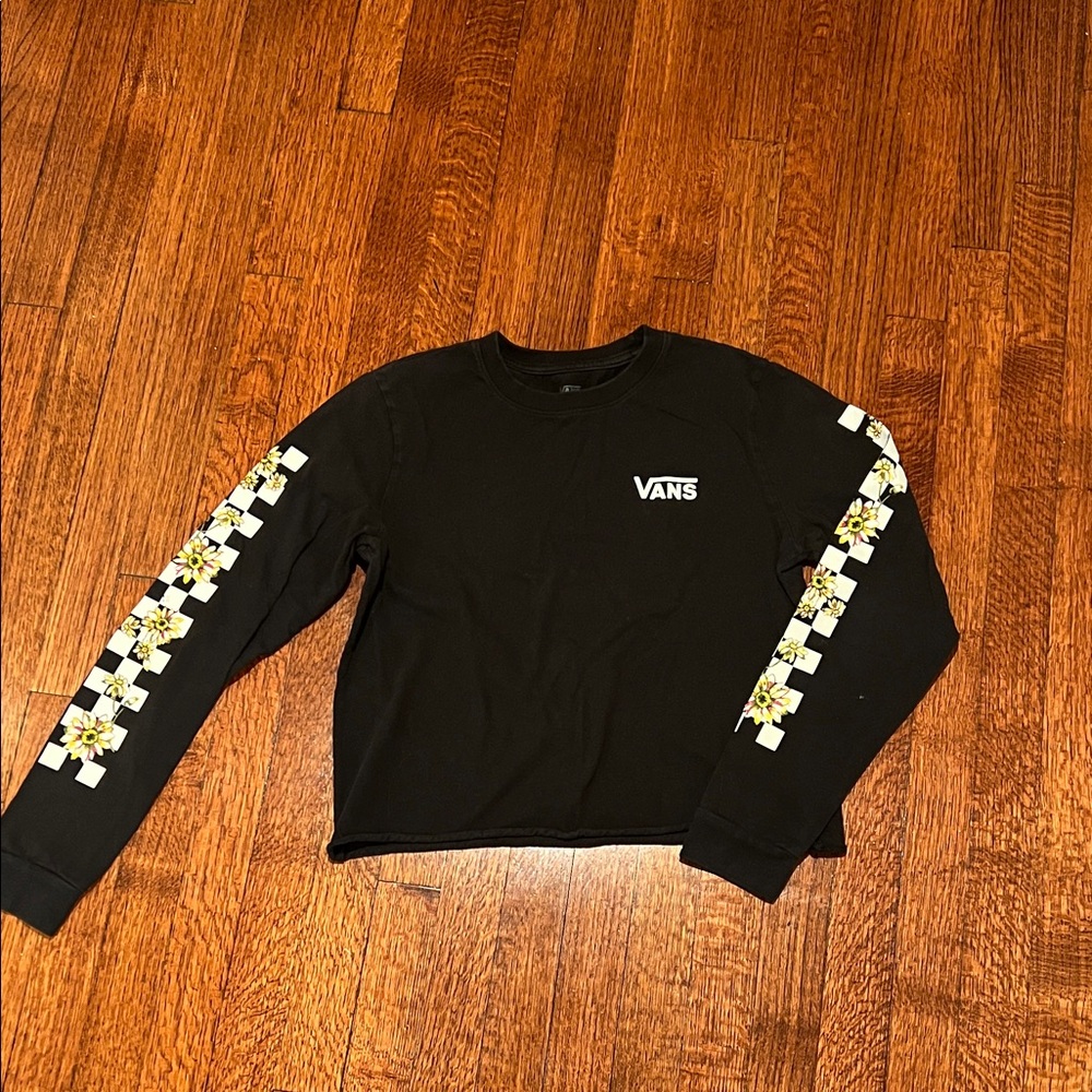 Vans Black Long Sleeve with White checkerboard and Yellow Floral Sleeves